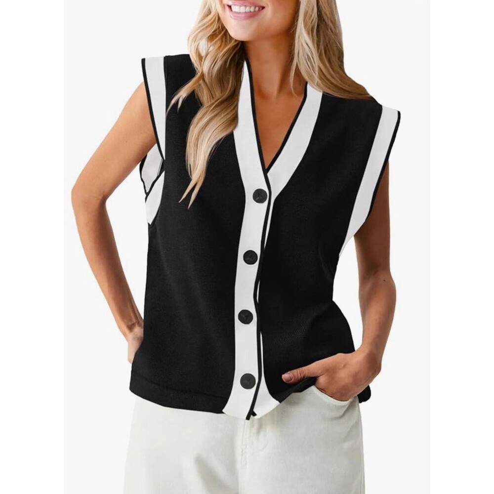 Merokeety Womens V Neck Sweater Vest Button Down Cap Sleeve Black & Beige Large